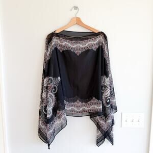Paisley Print Sheer Chiffon Batwing Poncho Blouse Tunic Black Pink